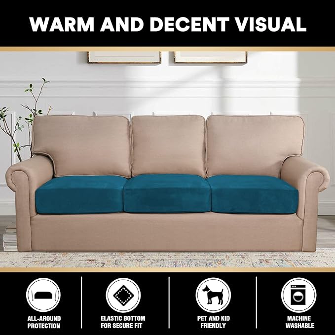 PrinceDeco Stretch Sofa Cushion Covers for Couches and Sofas,Soft Velvet Couch Seat Covers, Sofa Covers Washable, Seat Cushion Cover for 3 Couch Sofa Pet Friendly - Deep Teal, Each Width Up to 29.5"