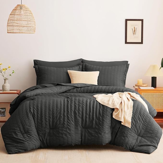 CozyLux Full Size Comforter Sets with Sheets Seersucker 7 Pieces Dark Grey Bed in a Bag Textured Luxury Soft Bedding Set with Down Alternative Comforter, Sheets, Pillowcases & Shams for All Seasons