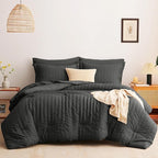 CozyLux California King Comforter Set with Sheets 7 Pieces, Dark Grey Seersucker Bed in a Bag Cal King Luxury Soft Bedding Sets with Down Alternative Comforter, Sheets, Pillowcases & Shams All Season