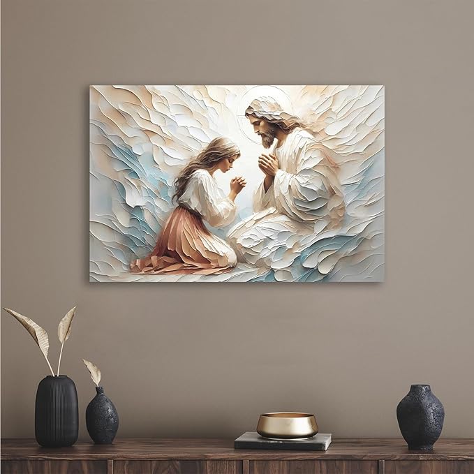 XWNLTEPK Praying to Heaven Christian Art Jesus and Woman Praying Bible Canvas Wall Decor Jesus Portrait Mormon Wall Print