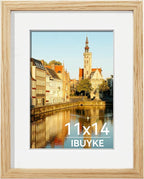 IBUYKE 11 x14 Picture Frame,Solid Oak Wood 11x14 Photo Frame with Mat to 8x10,11x14 Picture Frames With Tempered Glass,Wall Mount Display,Home Decor,Natural Oak 14 x 11 Frame,UWPF1114N