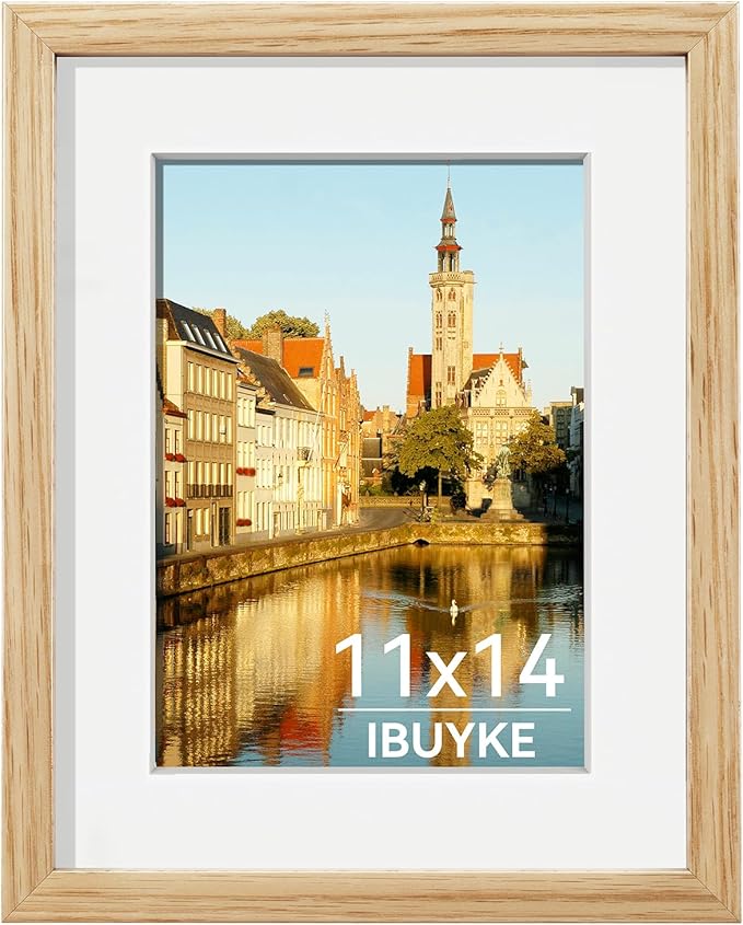 IBUYKE 11 x14 Picture Frame,Solid Oak Wood 11x14 Photo Frame with Mat to 8x10,11x14 Picture Frames With Tempered Glass,Wall Mount Display,Home Decor,Natural Oak 14 x 11 Frame,UWPF1114N