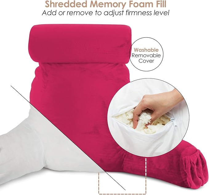 Nestl Reading Pillow Large Bed Pillow, Back Pillow for Sitting in Bed Shredded Memory Foam Chair Pillow, Reading & Bed Rest Pillows Hot Pink Back Pillow for Bed, Bed Chair Arm Pillow with Pockets