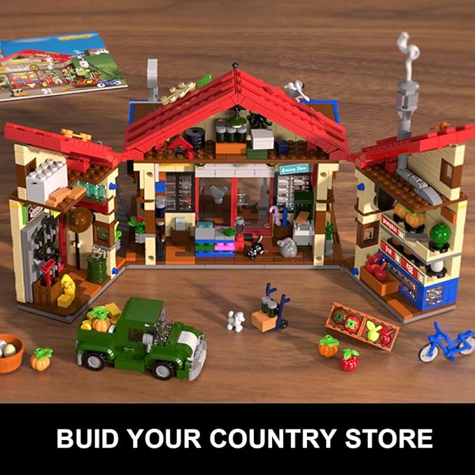 Country General Store Building Set for Adults with Lights, 1709 PCS Vintage Shop House Construction Building Block Kit, Home Decor Cabin Architecture Model for Women Men Teens Boys Girls 12+
