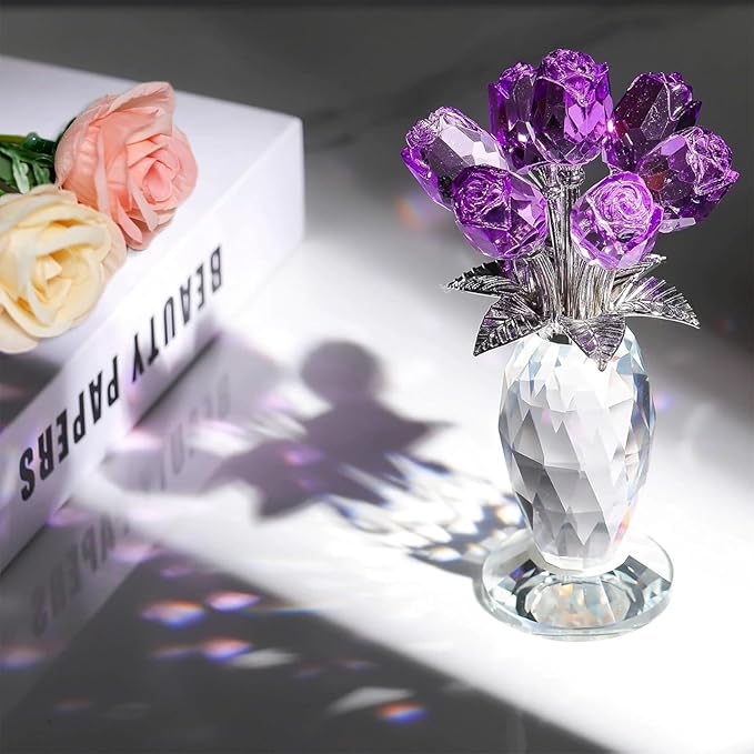 Glass Rose Flowers, Crystal Glass Figurines Rose Decorations for Home Gifts for Mom Wife Grandma, Crystal Flowers Collectible Ornament Mother's Day Thanksgiving Anniversary Birthday Gifts(Purple Rose)