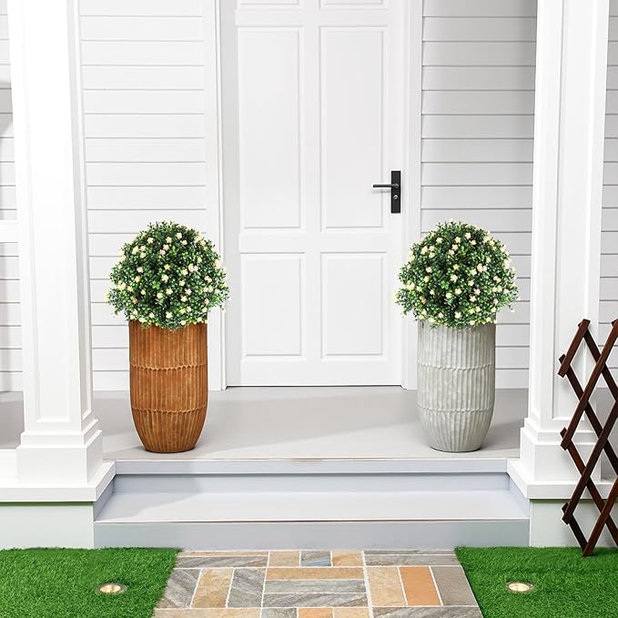 Yunlly Set of 2 Artificial Boxwood Topiary Ball Tree Fake Bushes Shrubs Outdoor Faux Plant with Ground Spike Flowers UV Resistance Greenery for Front Porch Garden Patio Indoor(Light Yellow,27x18inch)