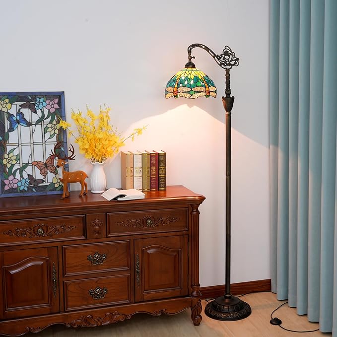 Tiffany Floor Lamp Green Dragonfly Stained Glass Lamp Adjustable Gooseneck Standing Reading Light 63 inches Tall Standing Lamp for Living Room Bedroom and Office