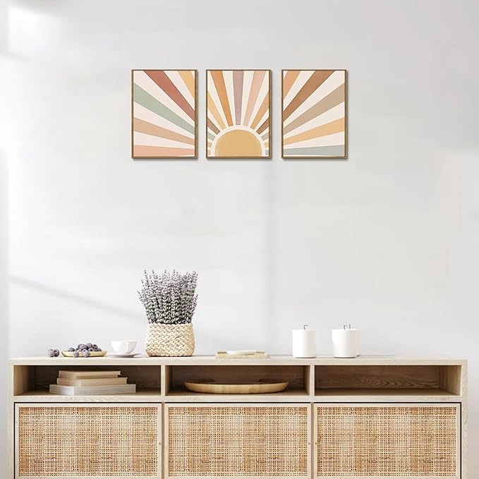 Bwodke Boho Wall Art, Framed Abstract Wall Art, Sun Rising on the Horizon Neutral Canvas Wall Decor, Mid Century Geometric Pictures Set of 3, Minimalist Paintings, for Bedroom Living Room Bathroom 16"x24"