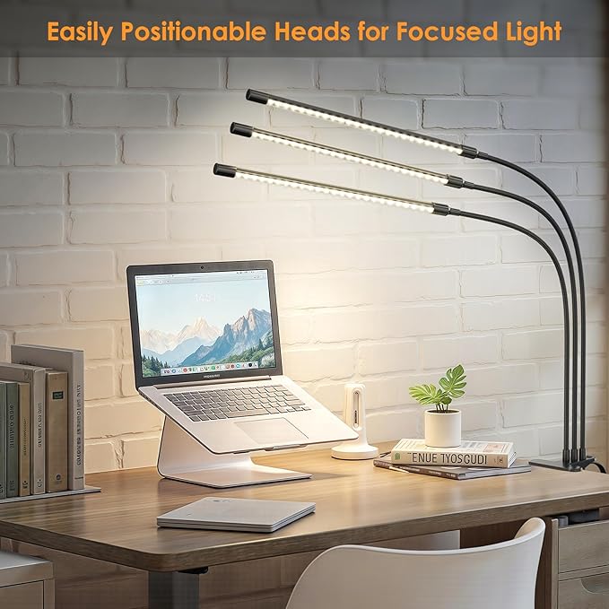 ShineTech 3-Head LED Desk Lamp with Clamp, Eye-Caring Clip-on Light for Home Office, 4 Color Modes & 6 Brightness Levels, 360° Flexible Gooseneck Desk Lights for Dorm Room, Reading, Nail, Black