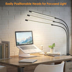ShineTech 3-Head LED Desk Lamp with Clamp, Eye-Caring Clip-on Light for Home Office, 4 Color Modes & 6 Brightness Levels, 360° Flexible Gooseneck Desk Lights for Dorm Room, Reading, Nail, Black