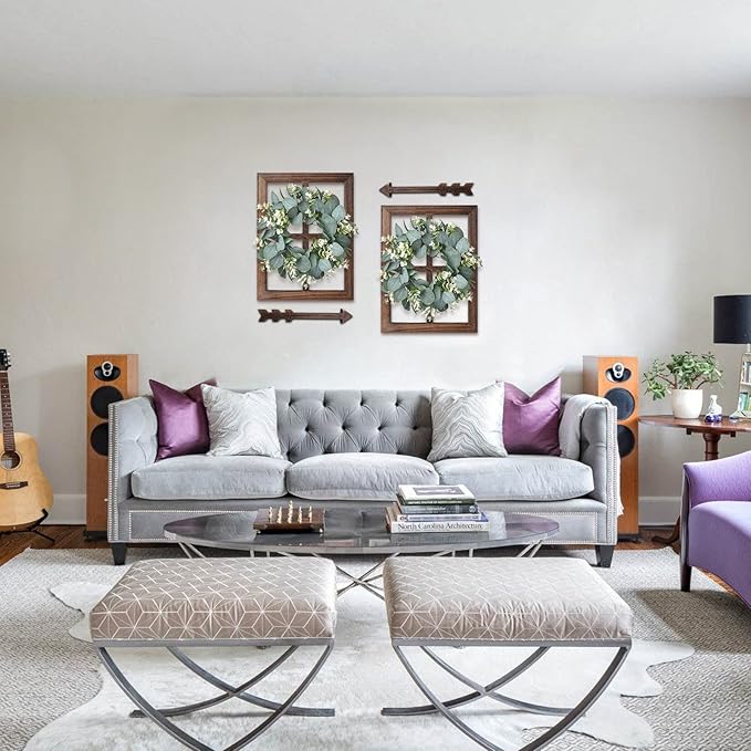 Rustic Wood Window Frame with Green Wreath and Arrows Wall Decor，Farmhouse Window Frame Hanging Decor,Wooden Fake Decoration,Window Pane Wall Decor,Set of 2 (Brown)