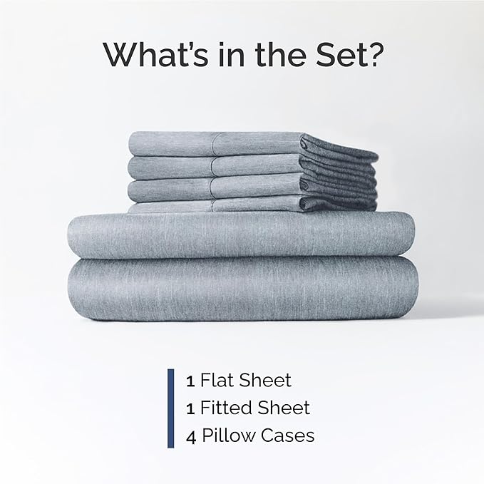 Full Sheets Set 6 Piece - Includes 4 Pillowcases - Bed Sheets Full Size - Soft Hotel Luxury Bedding - Cooling, Comfy & Breathable - 1 Flat & 1 Fitted & 4 Pillowcases w/ Deep Pockets - Heathered Blue