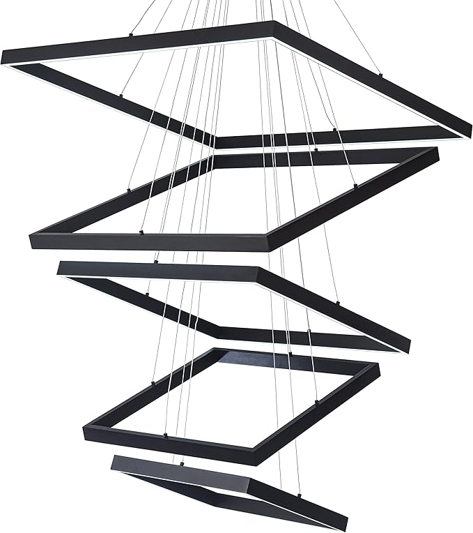 Square Led Chandelier Modern Led Hanging Light 5-Rings Contemporary Ceiling Pendant Light Dimmable Pendant Light for Living Room Kitchen Dining Room 15.7"+19.6"+23.6"+27.5"+31.4" Black