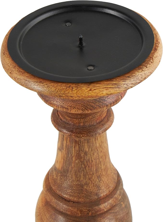 Deco 79 Mango Wood Decorative Candle Holder Turned Style Pillar Candle Stand, Set of 3 Candlestick Holder 10",8",6"H, Brown