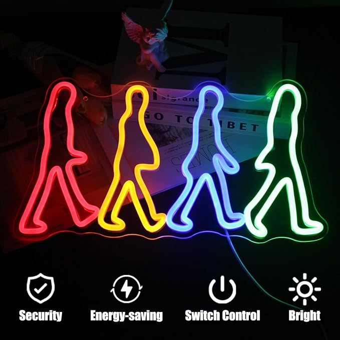Rock Band Neon Sign Four People Walking Neon Lights for Bedroom Music LED Sign Abbey Road Wall Art Light Up Sign for Game Room Man Cave Decor Rock Music Fans Gifts