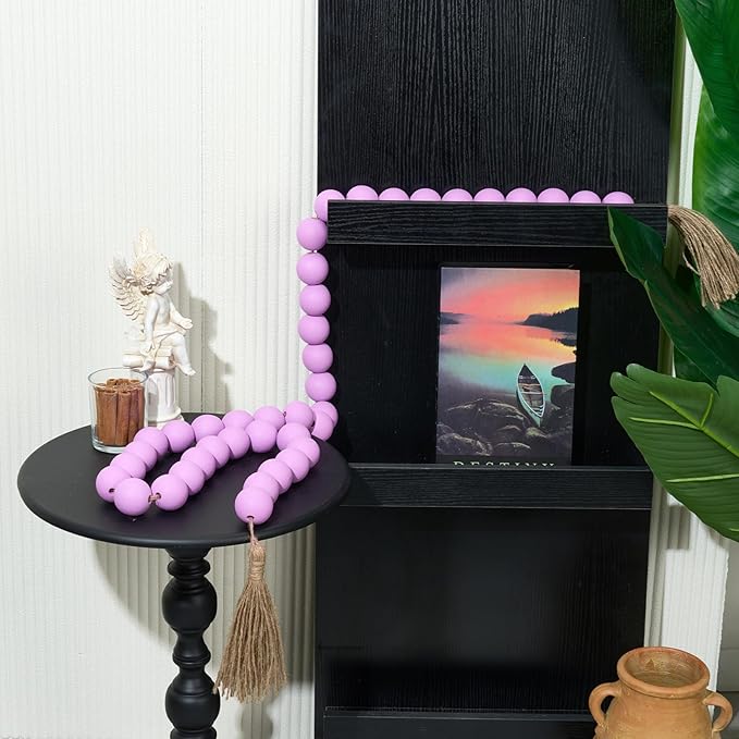 OMISHE 76" Long Large Wood Bead Garland with 1.6" Diameter Wooden Beads and Tassels, Rustic Farmhouse Country Wood Beads Garland for Home Tiered Tray Decor, Decorative Beads with Tassels Purple