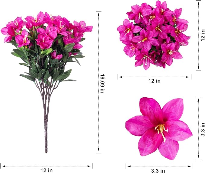 Artificial Flowers for Outdoors, 3 Bundles Fake Silk Azalea Bouquet Faux Flower Plants Outside Decoration UV Resistant Realistic Fake Flowers for Planter Front Door Patio Garden Walkways Home, Fuchsia