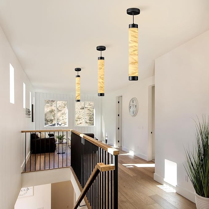 20" Alabaster Pendant Lights, Natural Marble Cylinder Black Pendant Light, Adjustable Modern Ceiling Light Fixtures for Kitchen Island, Dining Room, Bedroom, Living Room, Bathroom