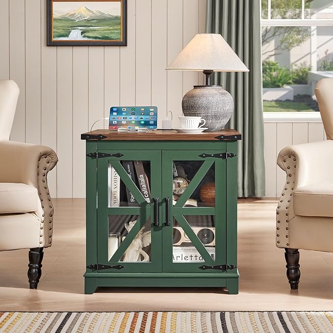 Farmhouse End Table with Charging Station, 24" Large Sofa Side Table with Glass Barn Door, Green Nightstand with Adjustable Storage Shelf, Wood Square Bedside Table for Living Room, Bedroom