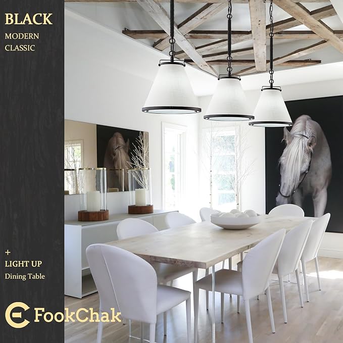 3-Pack Black Pendant Lights Kitchen Island Ceiling Pendant Light with Linen Lampshade 10in Transition Pendant Hanging Light with Chain for Kitchen Sink Entryway Hallway Dining Room