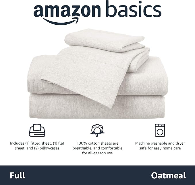 Amazon Basics 4 Piece Bed Sheets Set, 100% Cotton Jersey, Includes Super Soft, Flat and Fitted Sheets, Pillowcase, Full, Oatmeal, Solid