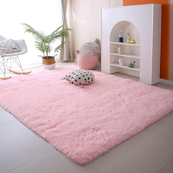 Pink Area Rug for Bedroom 6x9: Pink Rugs for Girls Room - Soft Fuzzy Plush Rugs for Living Room, Non-Slip Modern Nursery Faux Fur Carpet for Kids Room Dorm Decor