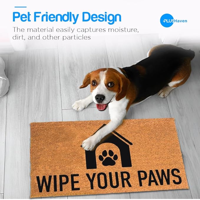 PLUS Haven Coco Coir Door Mat with Heavy Duty Backing, Natural Wipe Your Paws Doormat, 17.5”x30” for Entrance, Front Porch, Easy to Clean Entry Mat, Outdoor and Indoor Uses, Home Decor