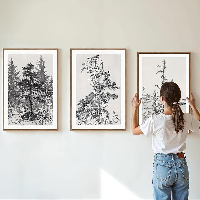 SIGNINART Vintage Tree Framed Wall Art Set , Black and White Antique Sketchbook Forest Painting, Wilderness Illustration Art Print , Retro Pine Tree Landscape Drawing Wall Decor for Living Room, Bedroom, Office (16"x24"x3)