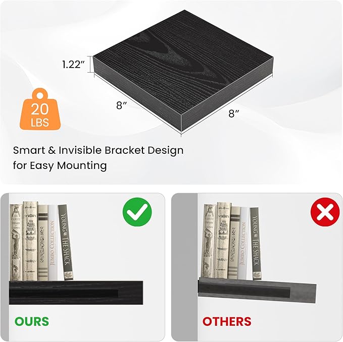 Square Floating Shelves for Wall, 8" W x 8" D x 1.2" H, Small Wooden Wall Mounted Display Shelves with Invisible Brackets for Living Room, Bedroom, Bathroom, Kitchen Decor, Set of 4, Black
