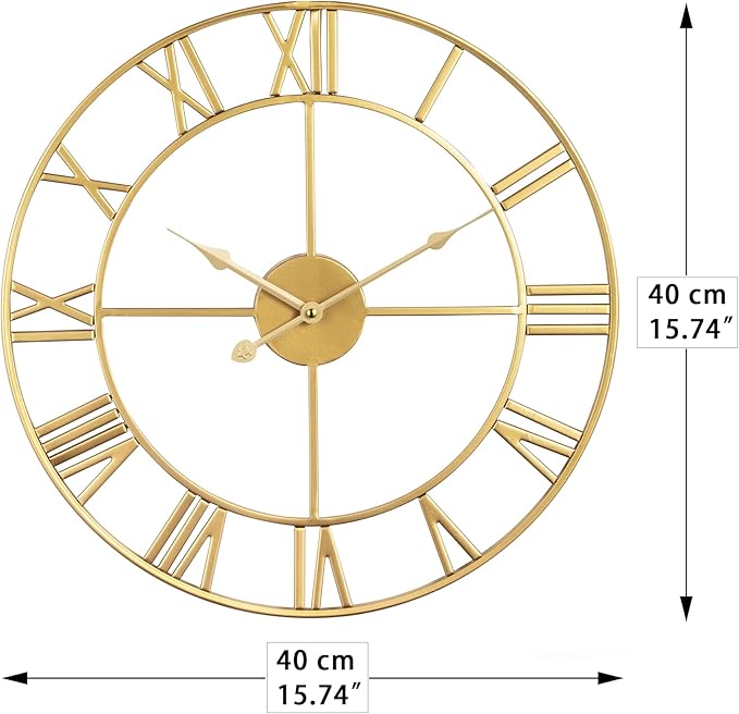 Large Modern Metal Wall Clocks Rustic Round Silent Non Ticking Battery Operated Roman Numerals Clock for Living Room/Bedroom/Kitchen Wall Decor-(Gold, 40cm)