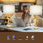 Scenekoy Sculptural Table lamp Set of 2 for Living Room with Marble Base & USB Ports, Gold Leaf Finish Rustic Bedside Lamps with S Cluster Pull Chains Switch, Nightstand Lamp for Office Hotel Bar