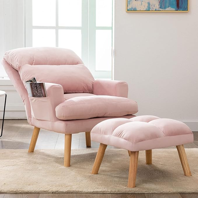 CANMOV Modern Accent Chair with Ottoman, Soft Fabric Armchair with Adjustable Backrest and Side Pockets, Comfy Lounge Chair for Living Room, Bedroom, Apartment, Office, Pink