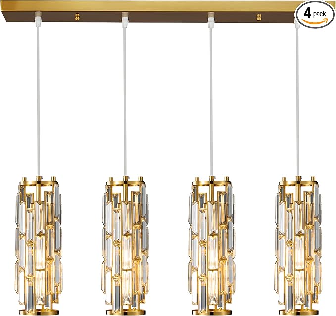 LMQNINE 4 Light Gold Pendant Lighting Modern Pendant Light, Mini Crystal Chandeliers,Adjustable Pendant Light Fixture for Kitchen Island Dinning Room Bedroom(Gold 4-Light)