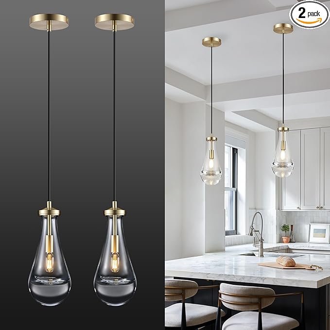 2 Pack Pendant Light for Kitchen Island, Raindrop Gold Modern Crystal Glass Pendant Lights, Pendant Lights in Kitchen Island, E12 Bulb Indoor Island Pendant Lights,for Dining Room,Living Room