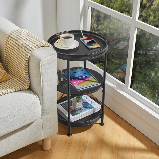 Dulcii Round Side Table with Charging Station, 24'' End Table with 3 Shelves for Living Room, Bedroom Nightstand with Steel Frame for Small Spaces, Industrial Round Sofa Table (USB+Black)