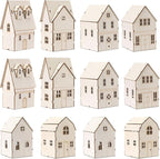 Hiboom 12 Pcs DIY Christmas Village Sets Wood Villa Houses Christmas Mini Wooden House Gift for Winter Xmas Party Decorations