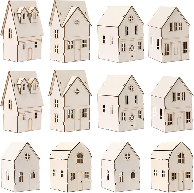 Hiboom 12 Pcs DIY Christmas Village Sets Wood Villa Houses Christmas Mini Wooden House Gift for Winter Xmas Party Decorations