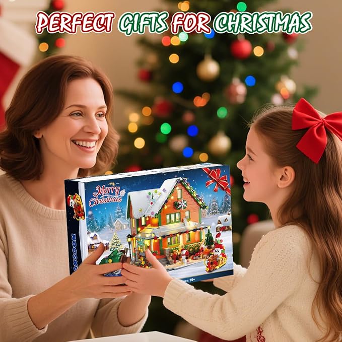 Christmas House Mini Building Set with Light, PLAXSOON 1961 PCS Holiday Snow Village Architecture Model Building Block with Santa Claus Sleigh, Xmas Display Toy Set for Adults Kids Boys Girls Ages 14+