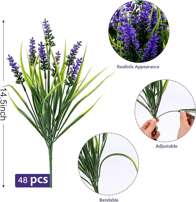 Geegoods 48 Bundles Artificial Plants Flowers Outdoor – Faux Lavender Flowers with Monkey Grass UV Resistant Plastic Faux Plants for Garden Porch Window Patio Hanging Planter Home Decor