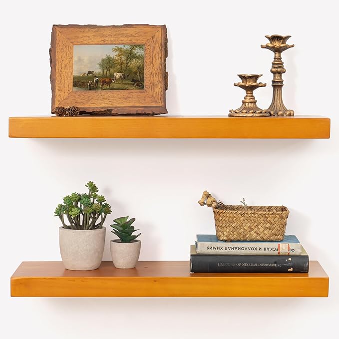 Marsmiles Wood Floating Shelves for Wall - 24 Inch Wooden Floating Shelves Set of 2-24 Inch Wide x 7.7 Inch Deep x 1.6 Inch Thick Rustic Wood Shelves for Room Wall
