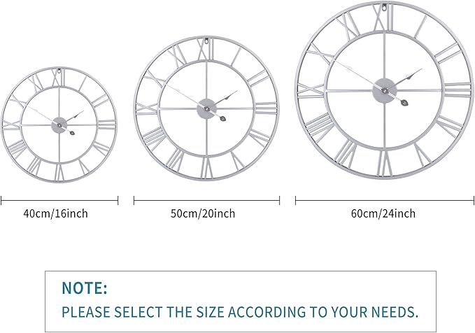 Large Wall Clock, Metal Retro Roman Numeral Clock, Modern Round Wall Clocks Almost Silent, Easy to Read for Living Room/Home/Kitchen/Bedroom/Office/School Decor (Silver, 16 Inch)