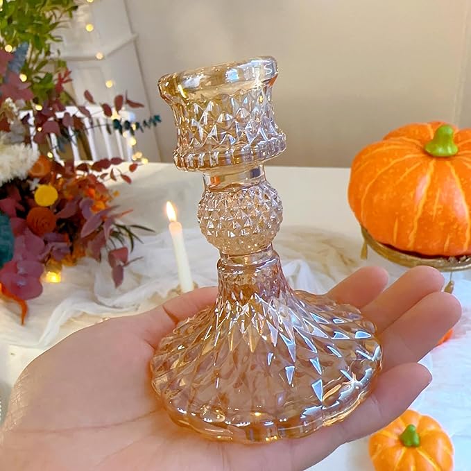 Glass Candlestick Holder,Striped Taper Candle Holders,Set of 6 Candle Stand for Table Centerpieces, Home Decor,Weddings,Festival and Parties (Amber Dimond Pattern)