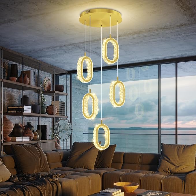 Gold 5-Light Chandelier Pendant Light for Kitchen Island, Dimmable Oval Crystal Ring Chandelier for Dining Room, Hallway, Entryway, Passway, Bedroom, Balcony Living Room