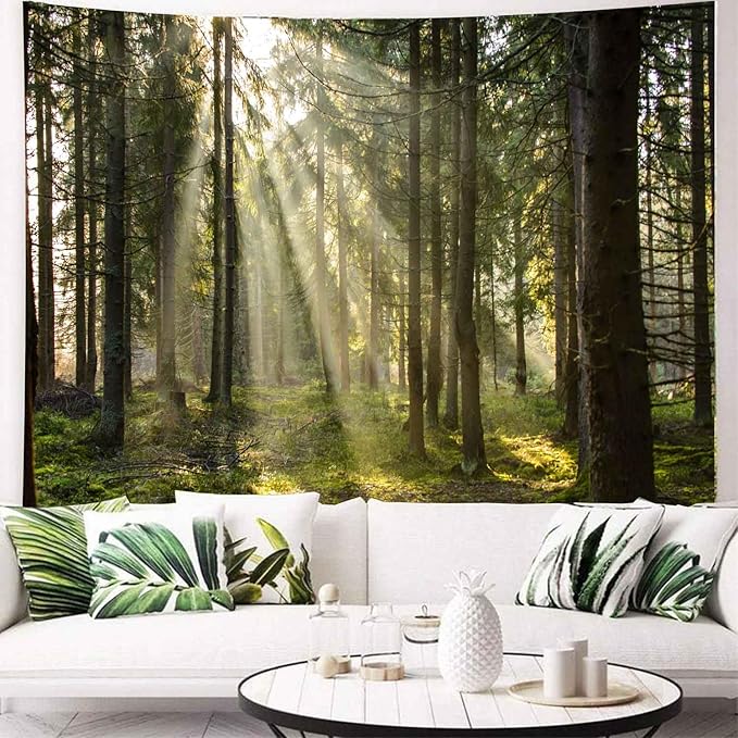 Onivein Forest Tapestry Nature Sunlight Streaming Through Green Trees Wall Hanging for Bedroom Living Room Office Decor 90 x 70 Inches