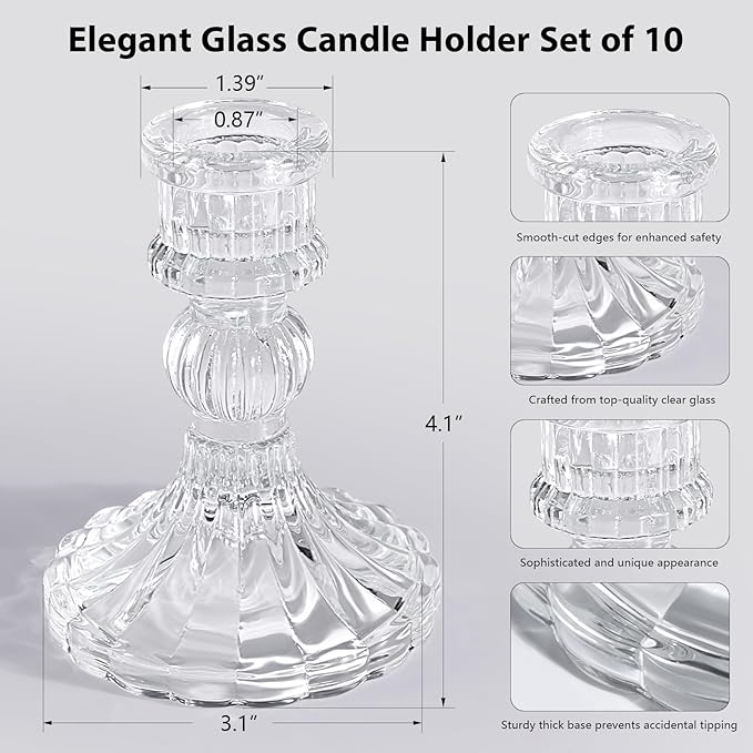 10 Pcs 4" Tall Glass Candlestick Holders Bulk Clear Glass Taper Candle Holder Set Crystal Candle Holders for Table Centerpiece, Candlesticks Holder Decor for Wedding, Thanksgiving, Valentine's Day