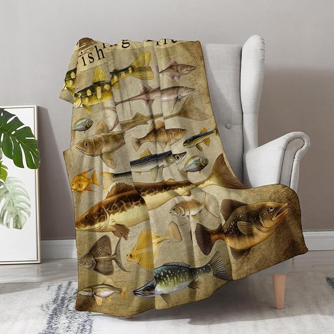 Fishing Blanket Gifts for Fisherman - Fish Lovers Throw for Men Boys Dad Women Adults Bedroom Decor Travel Camping Soft Fleece Cozy Bed Couch Birthday Christmas Lightweight Blanket 50"x60"