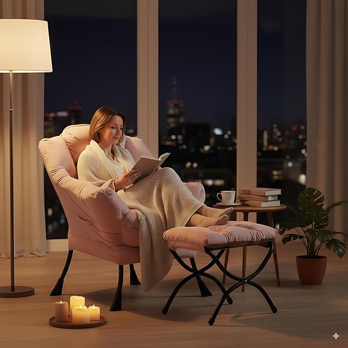 Lazy Chair and Ottoman, Large Accent Lounge Chair with Armrests and a Side Pocket, Modern Leisure Upholstered Sofa Reading Armchair with Footrest for Bedroom, Living Room, Dorm Rooms, Office