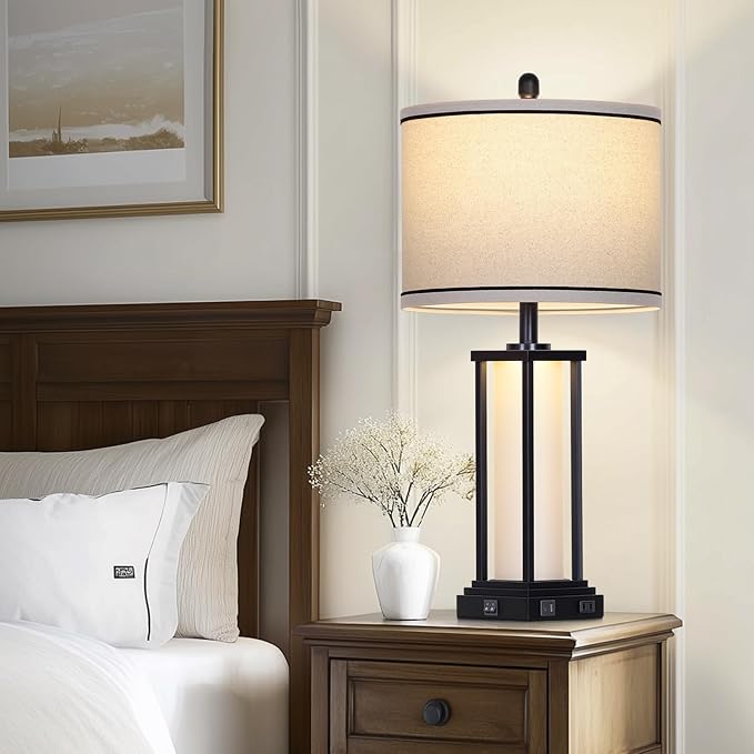 27in Tall Farmhouse Table Lamp with USB C+A & Outlet,Black Industrial End Table Lamp for Living Room,Vintage Rustic Bedside Lamp with Night Light for Bedroom Nightstand,Single Black