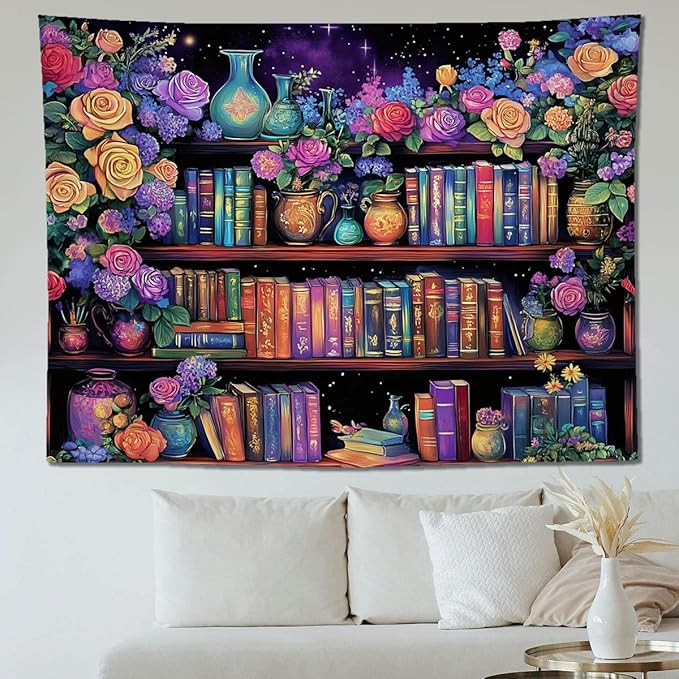 keowhsf Pink Purple Flower Bookshelf Wall Tapestry Colorful Tapestries for Bedroom Aesthetic Floral Tapestry Wall Hanging Cute Girl Bedroom Decor