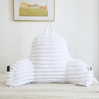 Faux Fur Fluffy White Reading Pillow with Pockets, Luxury Striped Plush Decorative, Arm Rests and Back Surport for Bed Rest, Lounging on sofa, Large